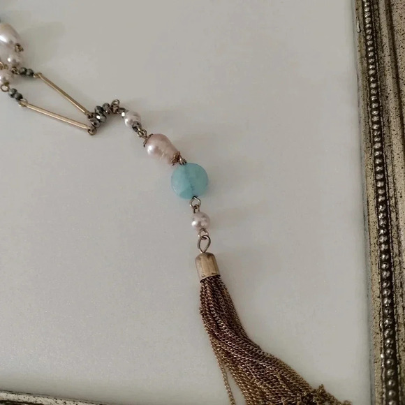 Gold tone Tassel Necklace Blue beads with light Pink champagne pearl - Picture 4 of 8